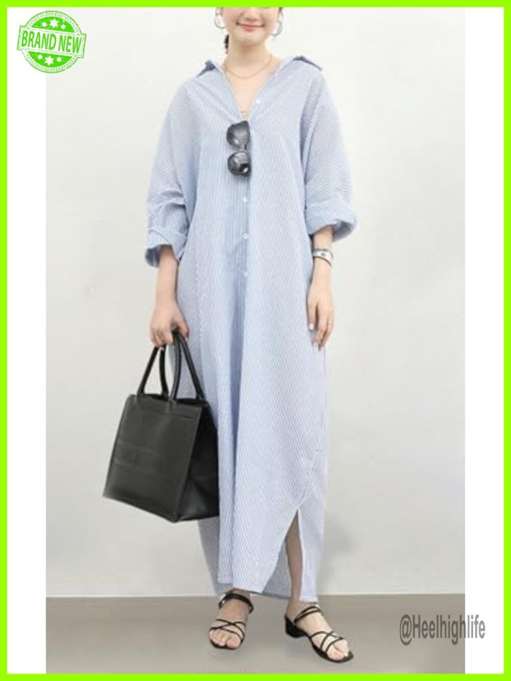 Long Sleeve Button Down Striped Cotton Maxi Shirt Dress - Picture 2 of 6